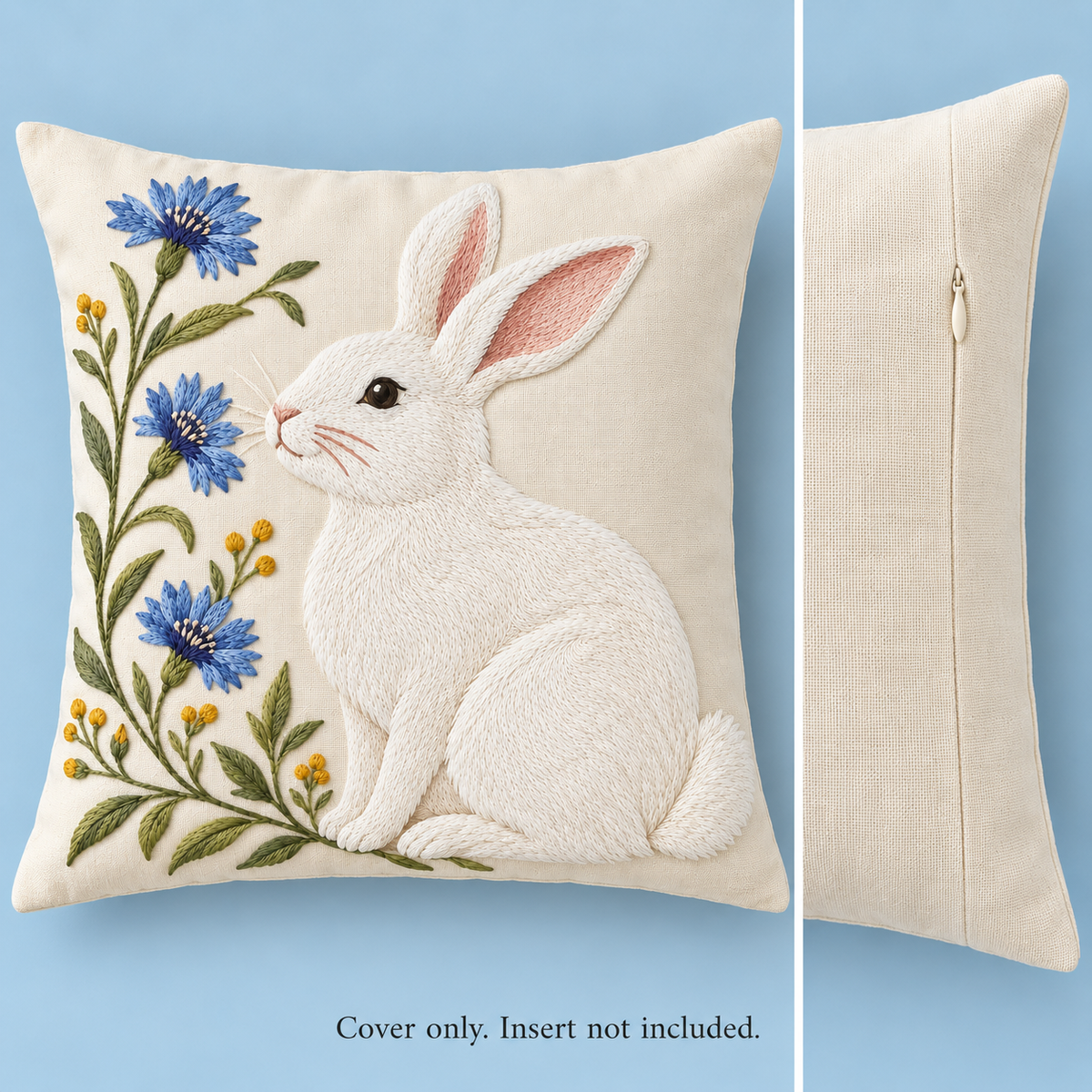 Dwellvero Blue Cornflower Rabbit Embroidered Pillow Cover | 18 × 18 in