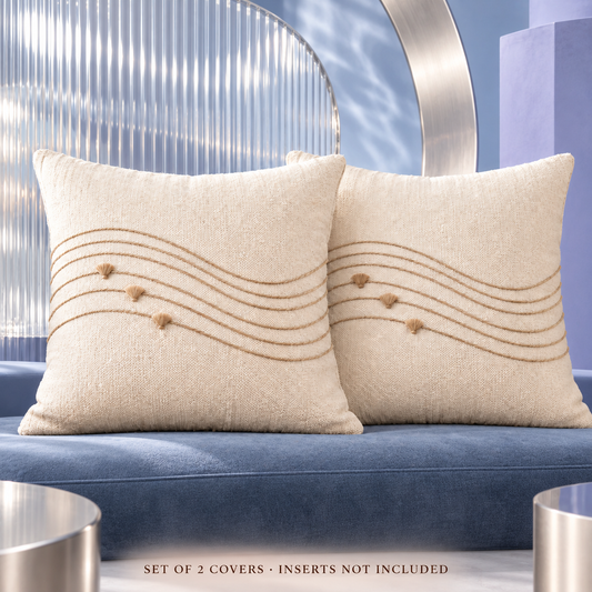 Dwellvero Wavy-Line Tufted Cushion Covers – Beige, Set of 2