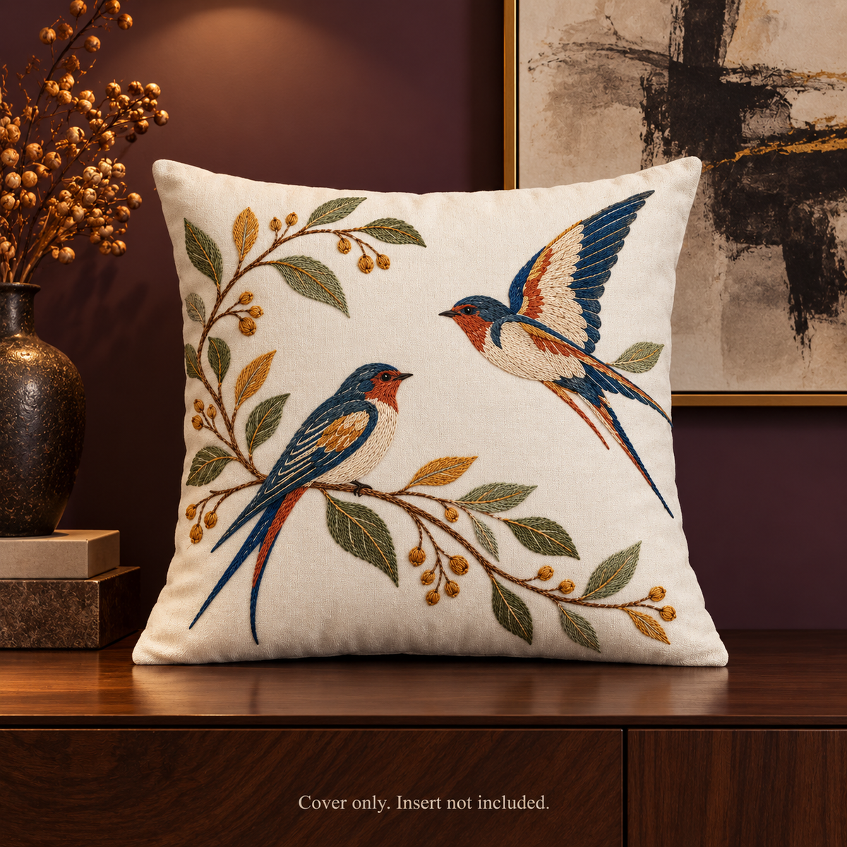 Dwellvero Swallow Embroidered Pillow Cover | 18 × 18 in