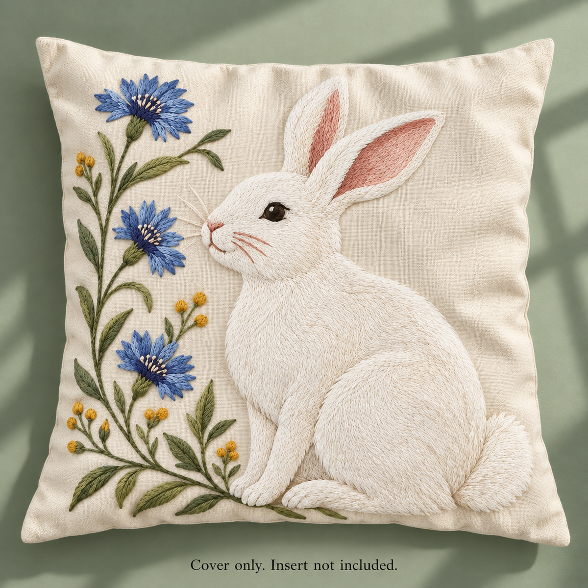 Dwellvero Blue Cornflower Rabbit Embroidered Pillow Cover | 18 × 18 in