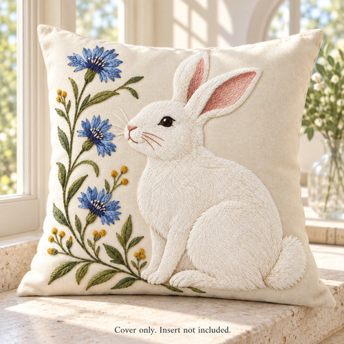 Dwellvero Blue Cornflower Rabbit Embroidered Pillow Cover | 18 × 18 in