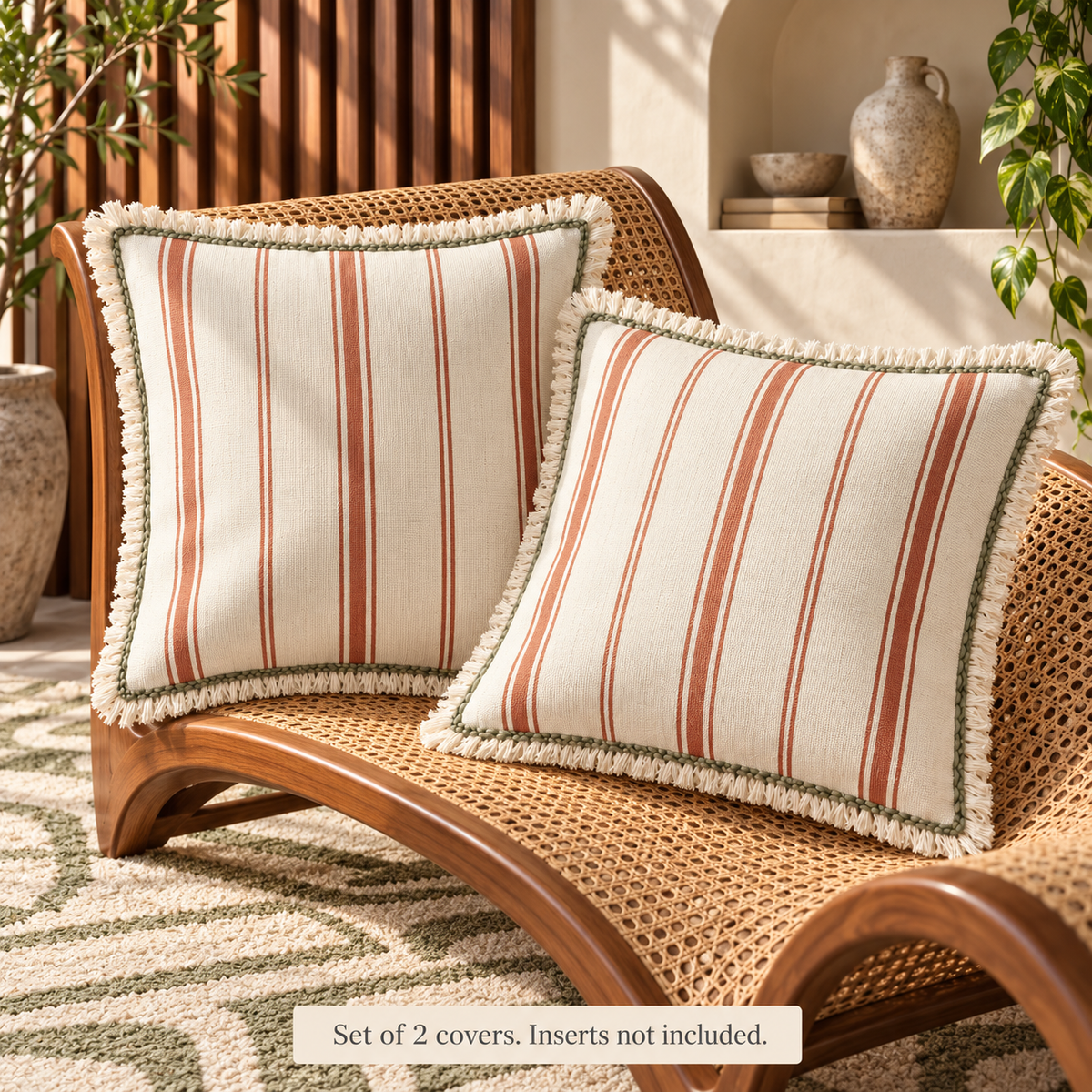 Dwellvero Terracotta Stripe Fringed Pillow Covers – Set of 2 | 18 × 18 in