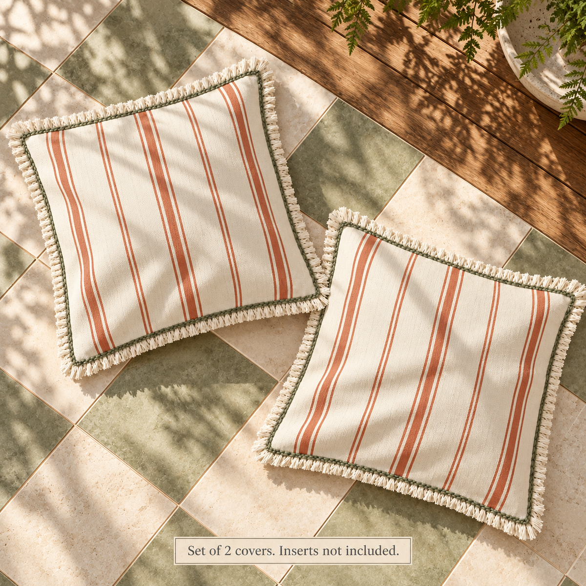 Dwellvero Terracotta Stripe Fringed Pillow Covers – Set of 2 | 18 × 18 in