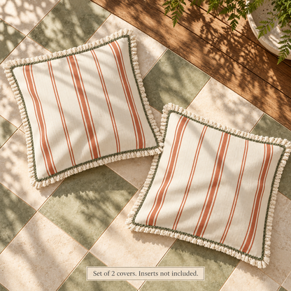 Dwellvero Terracotta Stripe Fringed Pillow Covers – Set of 2 | 18 × 18 in