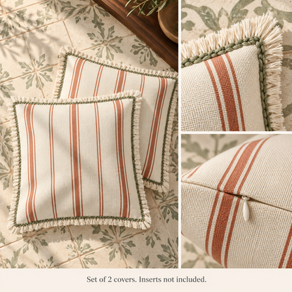 Dwellvero Terracotta Stripe Fringed Pillow Covers – Set of 2 | 18 × 18 in