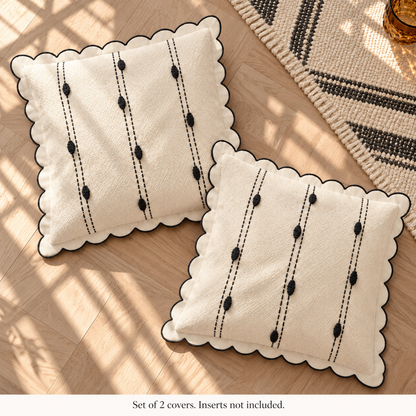 Dwellvero Ivory Scalloped Edge Pillow Covers with Black Tufted Stripes – Set of 2 | 18 × 18 in