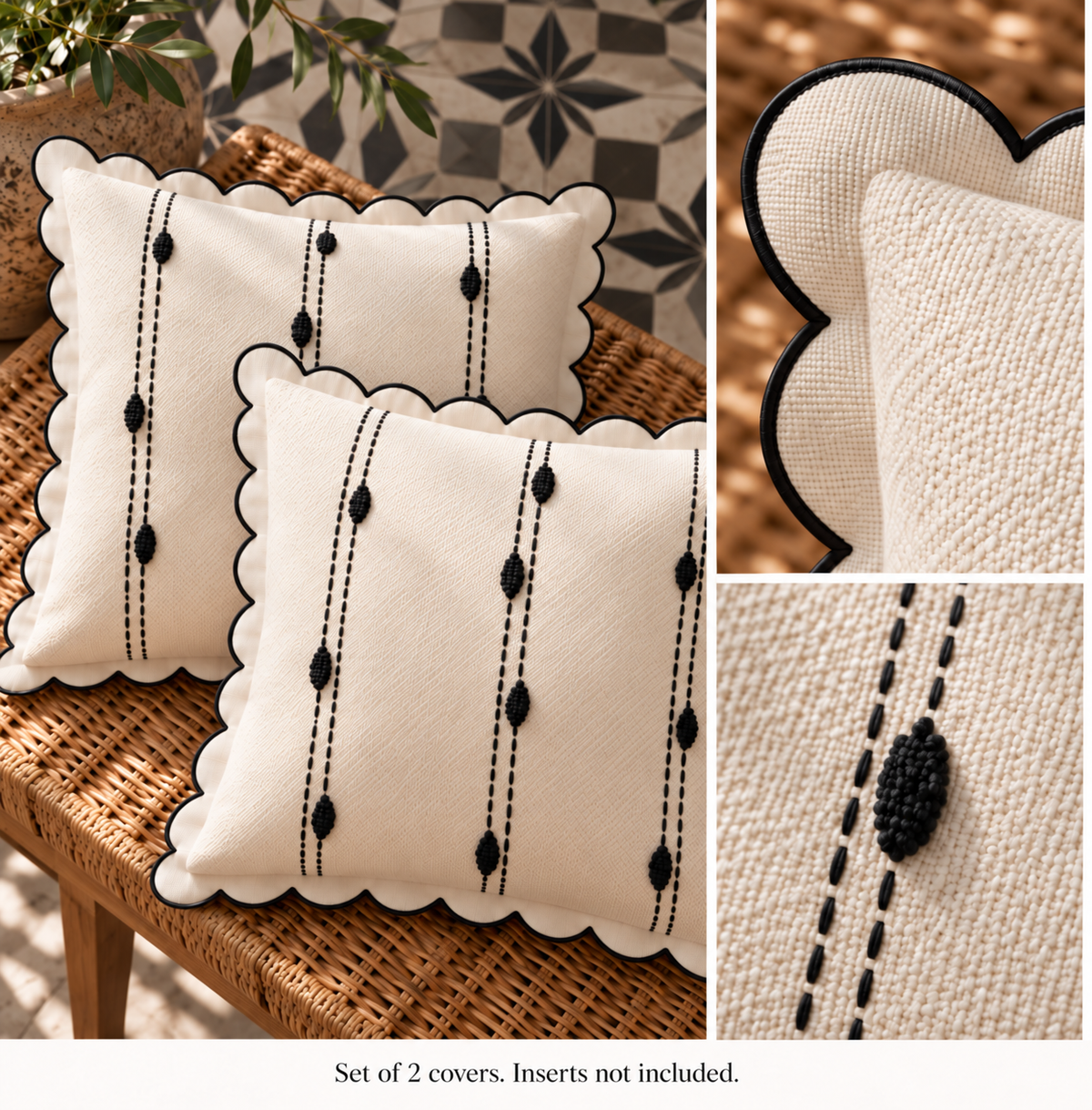 Dwellvero Ivory Scalloped Edge Pillow Covers with Black Tufted Stripes – Set of 2 | 18 × 18 in