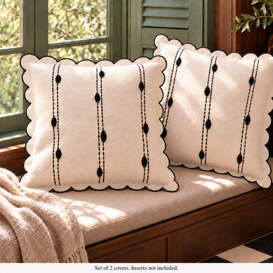 Dwellvero Ivory Scalloped Edge Pillow Covers with Black Tufted Stripes – Set of 2 | 18 × 18 in