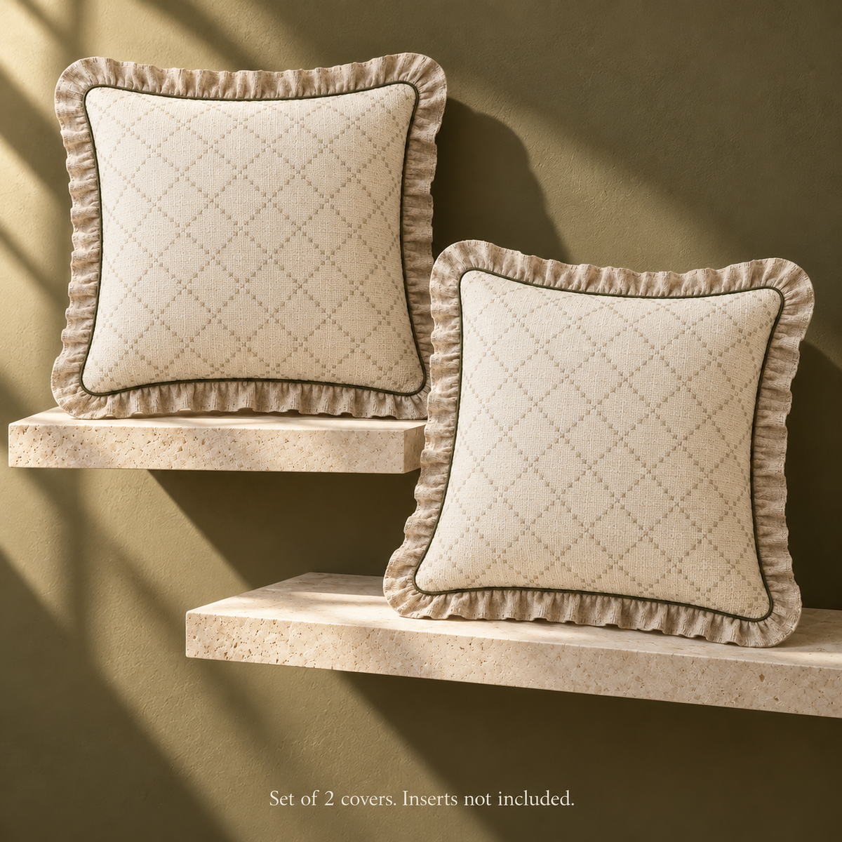 Dwellvero Ivory Diamond-Weave Ruffle Cushion Covers – Set of 2