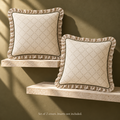 Dwellvero Ivory Diamond-Weave Ruffle Cushion Covers – Set of 2