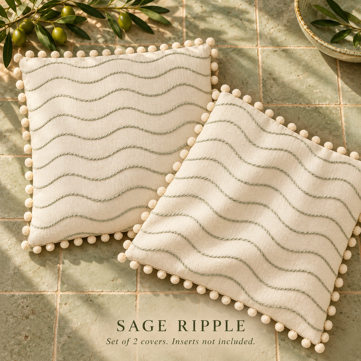 Dwellvero Sage Ripple Pom-Pom Pillow Covers – Set of 2 | 18 × 18 in
