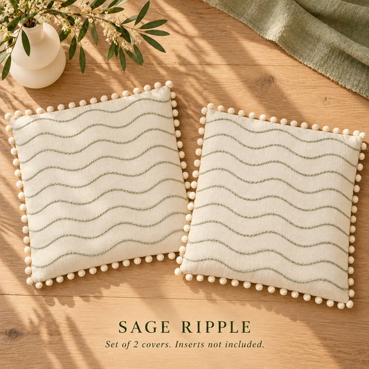 Dwellvero Sage Ripple Pom-Pom Pillow Covers – Set of 2 | 18 × 18 in