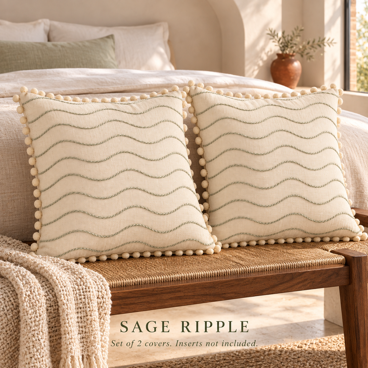 Dwellvero Sage Ripple Pom-Pom Pillow Covers – Set of 2 | 18 × 18 in
