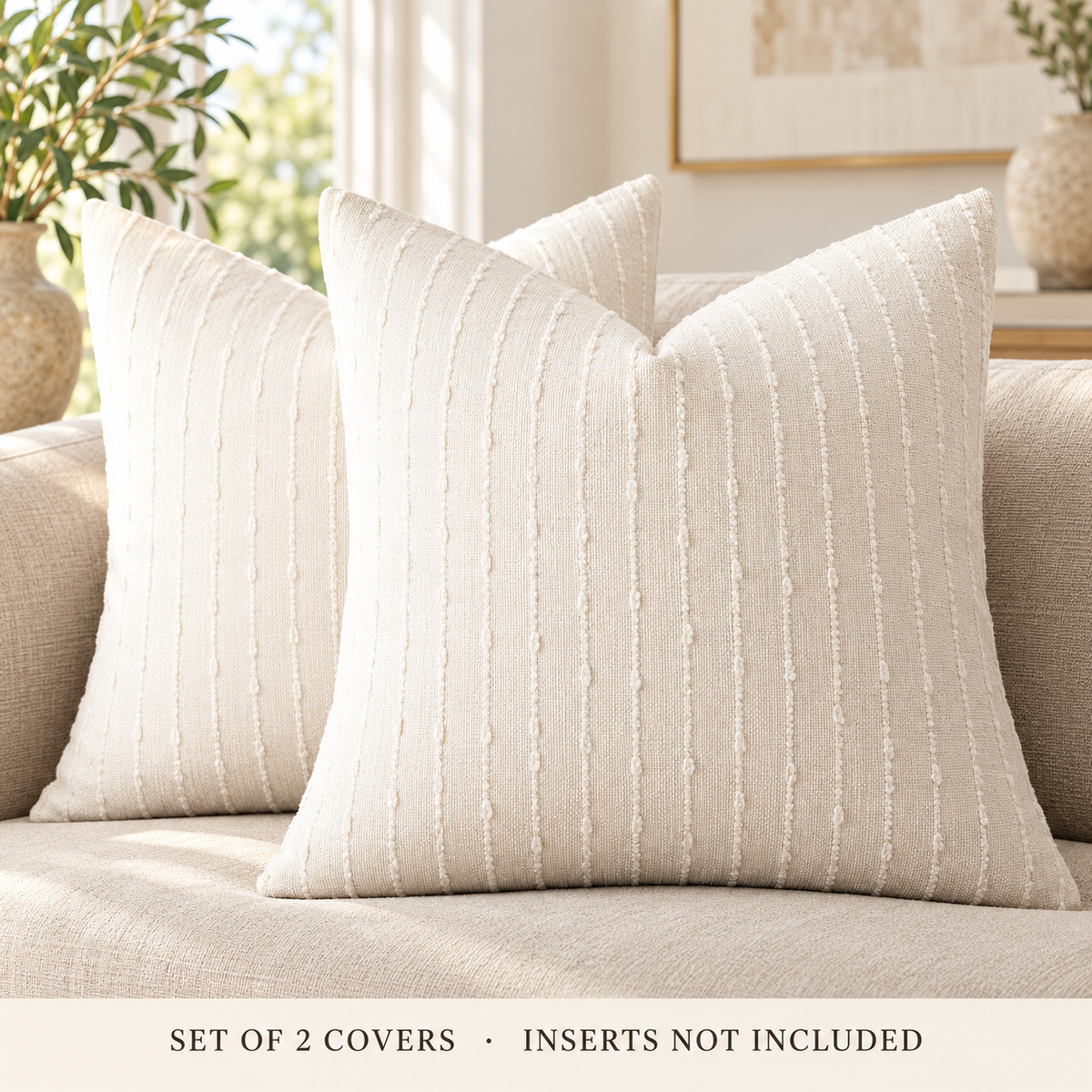 Dwellvero Striped Jacquard Cushion Covers – Cream White, Set of 2