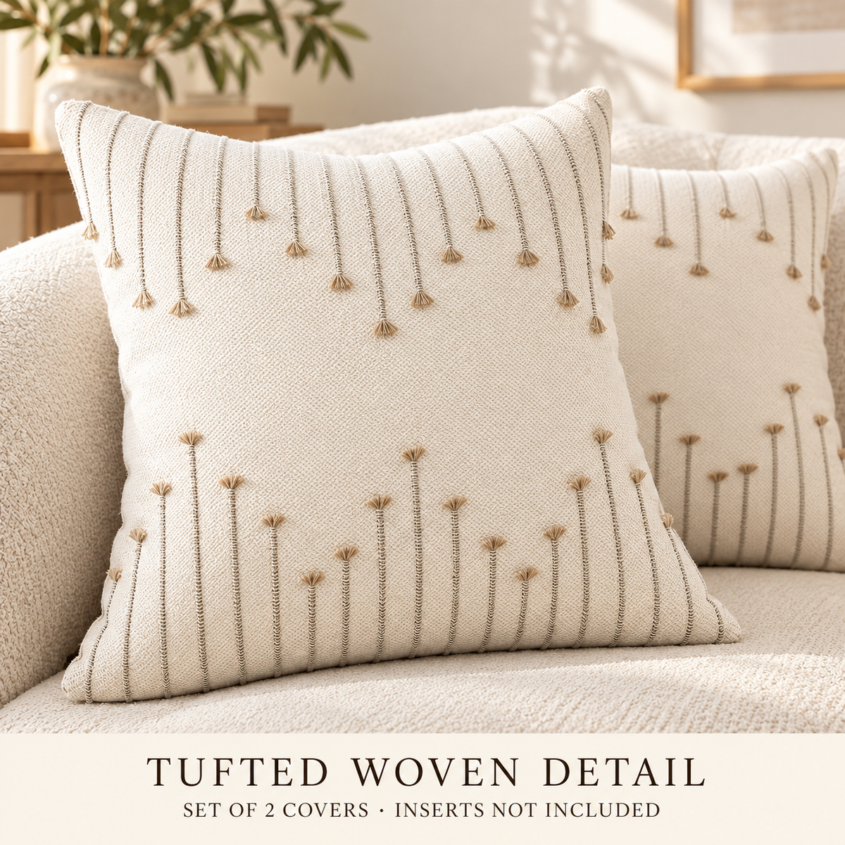 Dwellvero Tufted Woven Cushion Covers – Beige, Set of 2