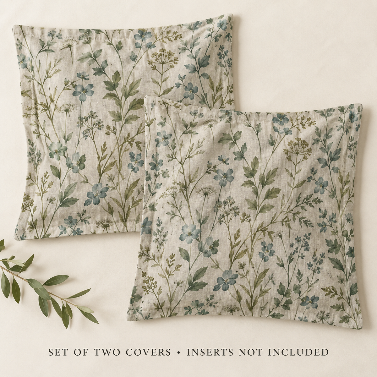 Dwellvero Sage Green Wildflower Pillow Covers – Set of 2, 18 × 18 in