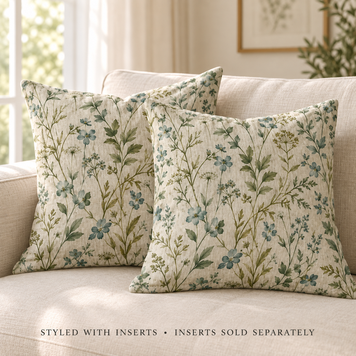 Dwellvero Sage Green Wildflower Pillow Covers – Set of 2, 18 × 18 in