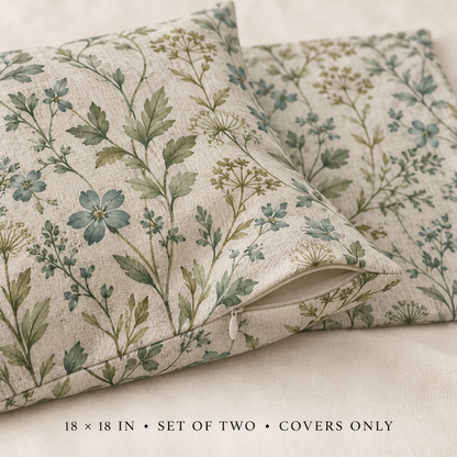 Dwellvero Sage Green Wildflower Pillow Covers – Set of 2, 18 × 18 in