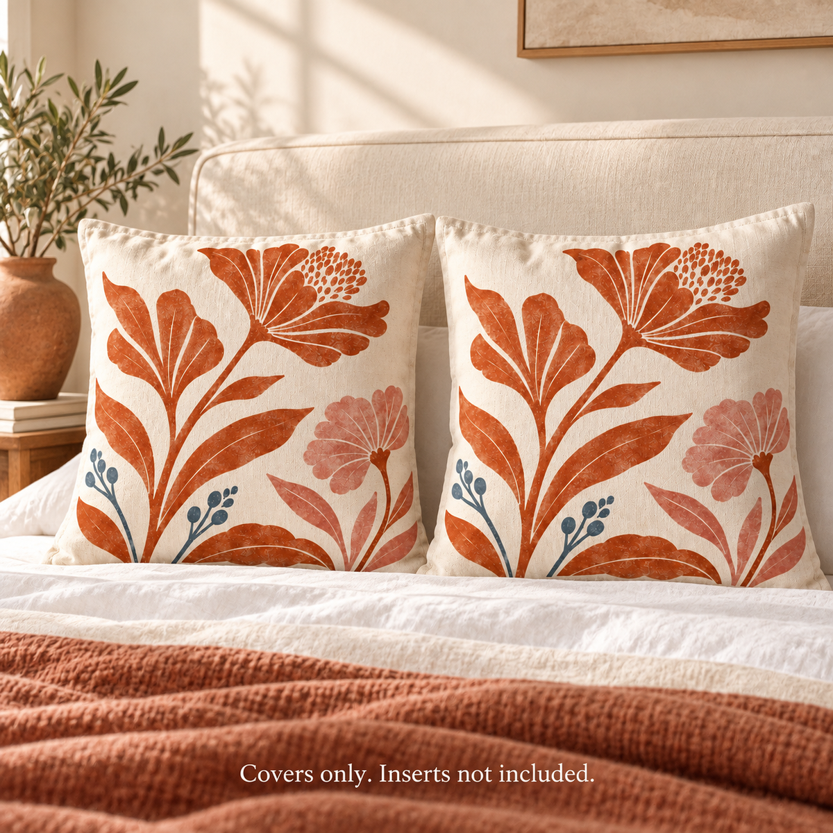 Dwellvero Terracotta Botanical Pillow Covers – Set of 2 | 18 × 18 in