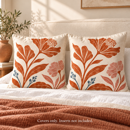 Dwellvero Terracotta Botanical Pillow Covers – Set of 2 | 18 × 18 in